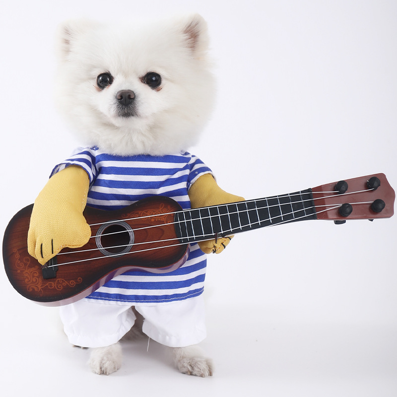 Dog Guitar Player Costume Striped Sailor Shirt with Yellow Gloves